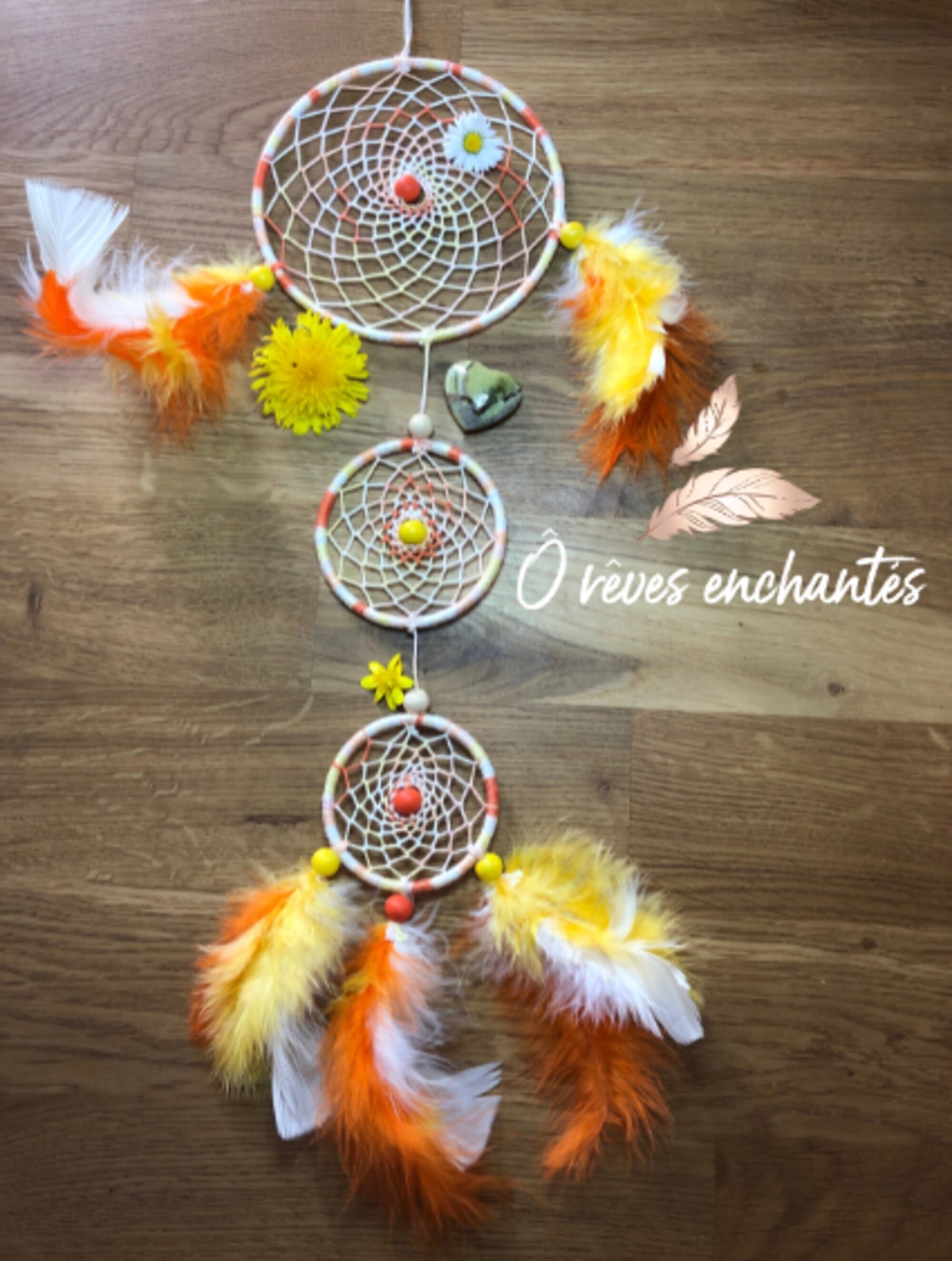 Attrape-Rêves Vitaminé Ton Orangé, Capteur de Rêve, Artisanal, Fait Main