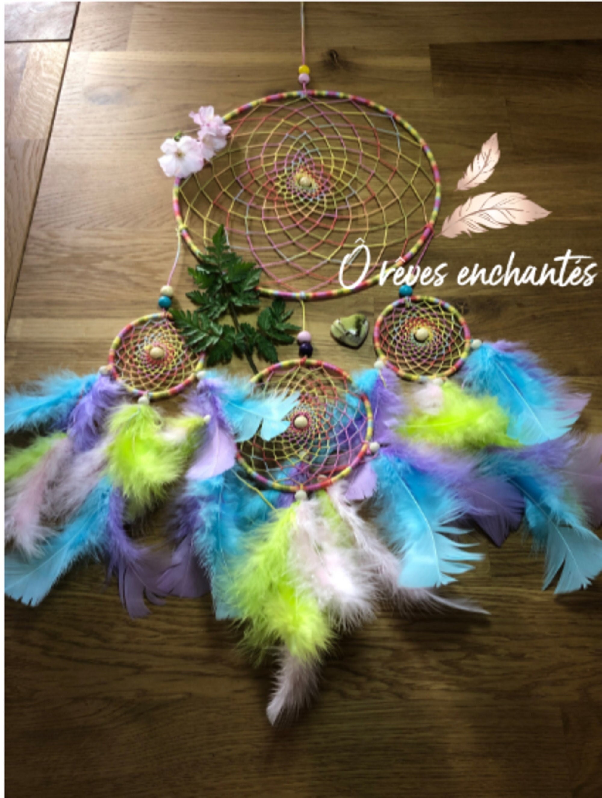 Attrape-Rêves Couleur Pastel /4 Cercles /Dreamcatcher/Déco /Décoration Murale Objet à Suspendre /Cad