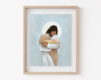 Impression Held By Heaven (variations disponibles) // Art SDJ | Oeuvre d'art chrétienne | Perte du nourrisson | Perte de grossesse | Jésus tenant un bébé | Art du Christ
