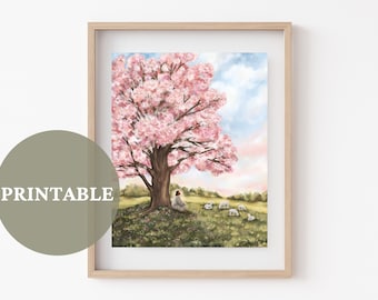 Blossoms of Hope PRINTABLE // LDS Art | Jesus Christ Illustration | Jesus with Sheep | Spring Artwork | Cherry Blossoms | Christian Art