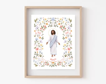 Risen Print // Artwork of Christ | Jesus Illustration | Christ and flowers | Easter Artwork | LDS Easter Art | Christian Easter Illustration