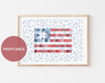 Patchwork of Freedom PRINTABLE //  American Flag Art | Fourth of July Decor | 4th of July Artwork | Watercolor American Flag | Quilted Flag