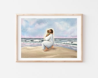 May include: A painting of Jesus on a beach, kneeling and holding a child in his arms. The sky is a soft blue with pink clouds. The ocean is a deep blue with white waves.
