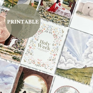 May include: Printable Holy Week calendar with watercolor illustrations of scenes from the Bible. The calendar features a floral design with the text "Holy Week" and "An Easter Advent Calendar to walk with Christ".