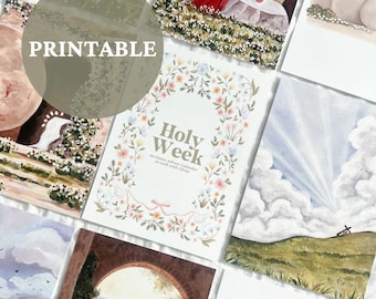 May include: Printable Holy Week calendar with watercolor illustrations of scenes from the Bible. The calendar features a floral design with the text "Holy Week" and "An Easter Advent Calendar to walk with Christ".