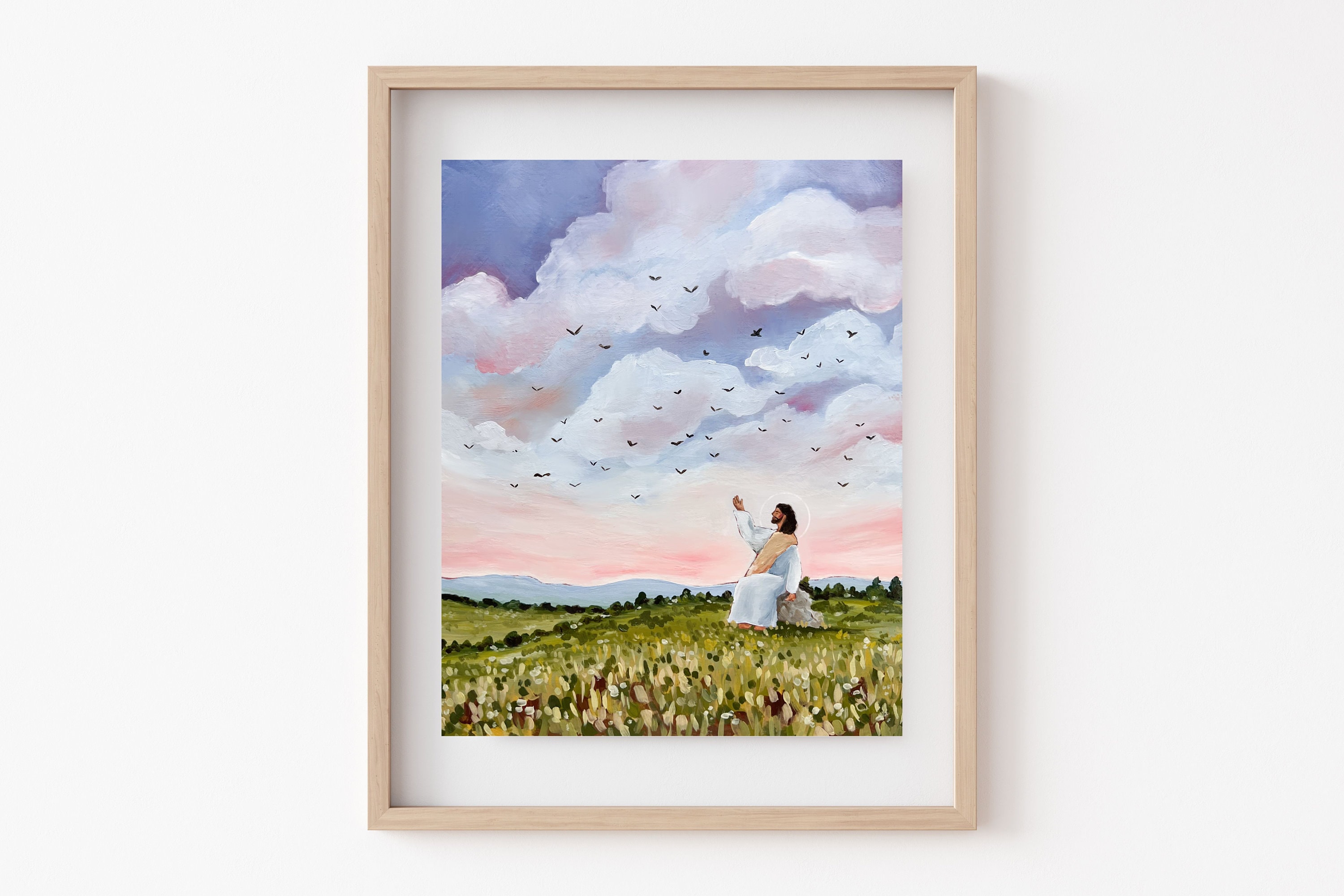 Considérez l'impression d'oiseaux dans le ciel // Art SDJ | Peinture du Christ | Oeuvre d'art chrétienne | Oeuvre d'art religieuse | Le Christ et les oiseaux | Coucher de soleil