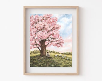 Blossoms of Hope Print // Artwork of Christ | Jesus Illustration | Cherry Blossoms | Spring Artwork | LDS Art | Jesus with Sheep