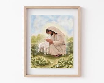 Found Print // Artwork of Christ | Jesus Illustration | Jesus With Sheep | Finding The One | Nursery Art | Boys Nursery | Kids Room Art