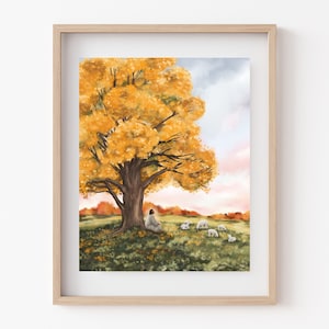 Consider The Sheep In His Fold Print // Christian Art | Fall Artwork | Christian Fall Decor | Christ With Lamb | LDS Art | Fall Leaves Art