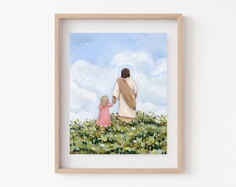 I'll Walk With You Print (variations available) //  LDS Art | Christian Artwork | Nursery Decor | Girls Room | Jesus Holding Hands With Girl