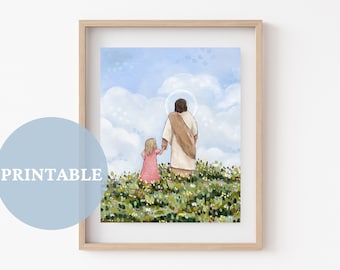 I'll Walk With You PRINTABLE // LDS Art | Painting of Christ |  Girl Room Decor | Jesus Holding Hands With Girl | Nursery Decor | Christ Art