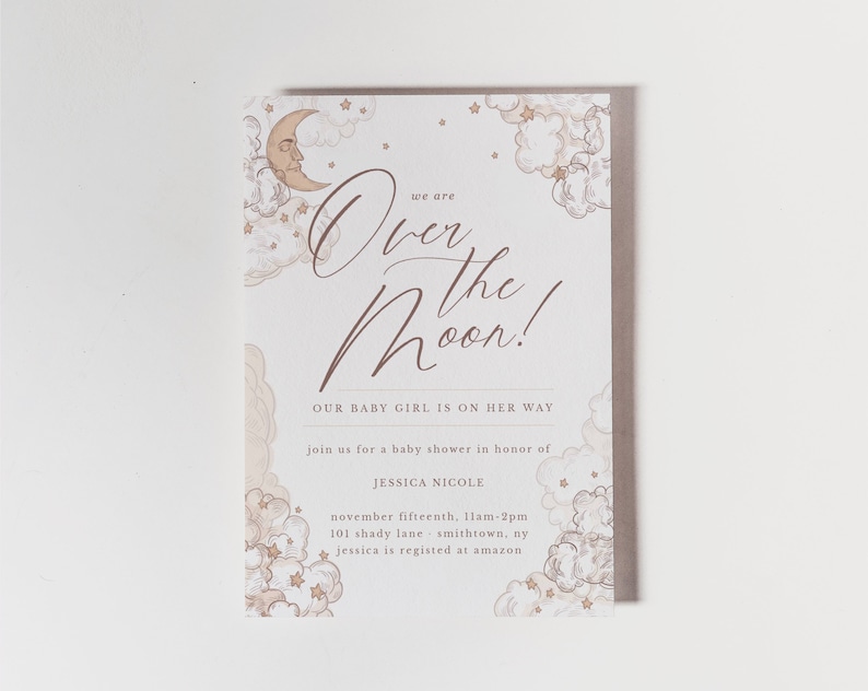 Template Twinkle Over the Moon Baby Shower Invitation Editable Invitation Twins Moon Invite Neutral Star Download Templett Digital