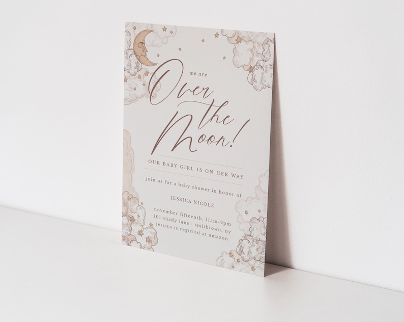 Template Twinkle Over the Moon Baby Shower Invitation Editable Invitation Twins Moon Invite Neutral Star Download Templett Digital