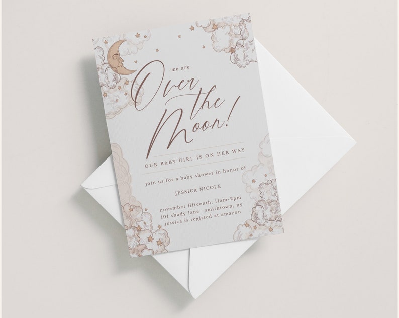 Template Twinkle Over the Moon Baby Shower Invitation Editable Invitation Twins Moon Invite Neutral Star Download Templett Digital