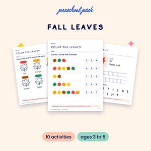 Puede incluir: Un paquete preescolar de hojas de trabajo titulado Fall Leaves. Las páginas incluyen actividades como Color the Leaves, Count the Leaves y práctica de la letra L. Las hojas muestran ilustraciones de hojas coloridas, números y texto para niños.