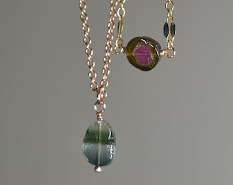 Watermelon Tourmaline Slice Necklace in Sterling Silver, 14k Gold // October Birthstone // Bicolor Tourmaline // Healing Crystal // Dainty