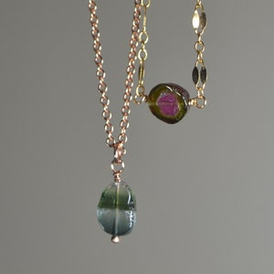 Watermelon Tourmaline Slice Necklace in Sterling Silver, 14k Gold // October Birthstone // Bicolor Tourmaline // Healing Crystal // Dainty
