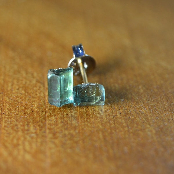 Indicolite Tourmaline Crystal Earrings in Sterling Silver, 14k Gold // Tourmaline // Raw Crystal Studs // October Birthstone // Tiny Studs