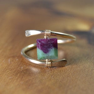 Raw Ruby Zoisite Ring in Sterling Silver, 14k Gold // Wire Wrapped Gemstone Ring // Healing Crystal // Boho Ring // July Birthstone