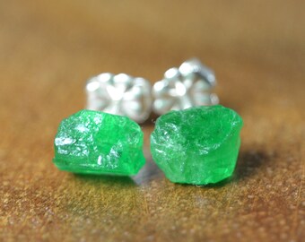 Raw Tsavorite Garnet Earrings in Sterling Silver, 14k Gold // January Birthstone // 2nd Anniversary // Everyday Garnet // Raw Crystal Studs