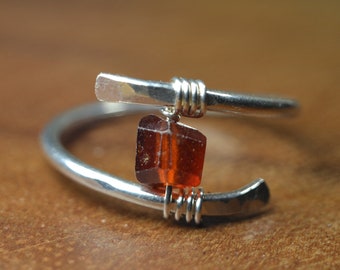 Raw Hessonite Garnet Ring in 14k Gold, Sterling Silver // January Birthstone // Bohochic Rings //  Wire Wrapped Gemstone Ring // Stacking