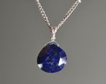 Genuine Raw Blue Sapphire Briolette Necklace in 14k Gold, Sterling Silver  // 5th, 45th Anniversary // September Birthstone // Throat Chakra