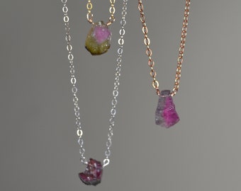 Collar de turmalina sandía natural en plata de ley y oro de 14k // Turmalina multicolor natural // Piedra de nacimiento de octubre // Turmalina bicolor