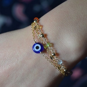 Seven Chakra Bracelet in Sterling Silver, 14k Gold Fill // Evil Eye Bracelet // Rainbow Multi-Strand Bracelet // Hamsa, Protection Jewelry