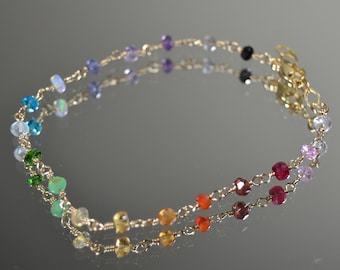 Delicate Rainbow Gemstone Bracelet in Sterling Silver, 14k Gold Fill // Multi Color Bracelet // Opal, Garnet, Amethyst, Tanzanite // Pride