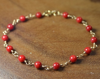 Mediterranean Red Coral Bracelet in Sterling Silver, 14k Gold // Wire Wrapped Coral // Natural Red Coral // Genuine Coral // Delicate Coral