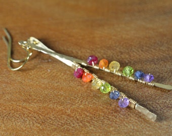 Modern Rainbow Gemstone Bar Earrings in 14k Gold, Sterling Silver // Colorful Earrings // Gemstone Line Earrings // Minimalist Earrings
