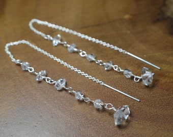 Herkimer Diamond Long Ear Threader Earrings // Everyday Earrings // Sterling Silver, Gold Fill // April Birthstone // Bridal // Anniversary