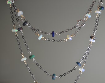 Welo Opal Necklace in Oxidized Silver // Mixed Metal Necklace // October Birthstone // 14th Anniversary // Long Opal Necklace // Black Opal