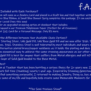 May include: A blue background with white text. The text reads "f.A.Q." and answers questions about jewelry purchases, chain options, and the shop's background. The shop is called "The Semi Precious Stone".