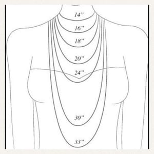 May include: Illustration of a woman's torso with several necklaces of varying lengths. The necklaces are labeled with their lengths: 14", 16", 18", 20", 24", 30", and 33". The image is a guide for necklace sizing.