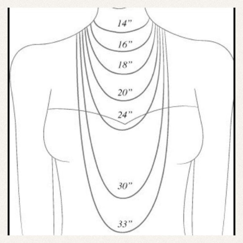 May include: Illustration of a woman's torso with several necklaces of varying lengths. The necklaces are labeled with their lengths: 14", 16", 18", 20", 24", 30", and 33". The image is a guide for necklace sizing.