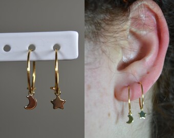 Pendientes de aro con diseño de estrella pequeña, luna creciente y luna llena bañados en oro // Pendientes de aro para el día a día // Combina diferentes dijes // Baño de oro rosa // Regalo para hija