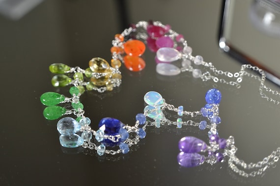Rainbow Gemstone Necklace in Sterling Silver 14k Gold Rainbow
