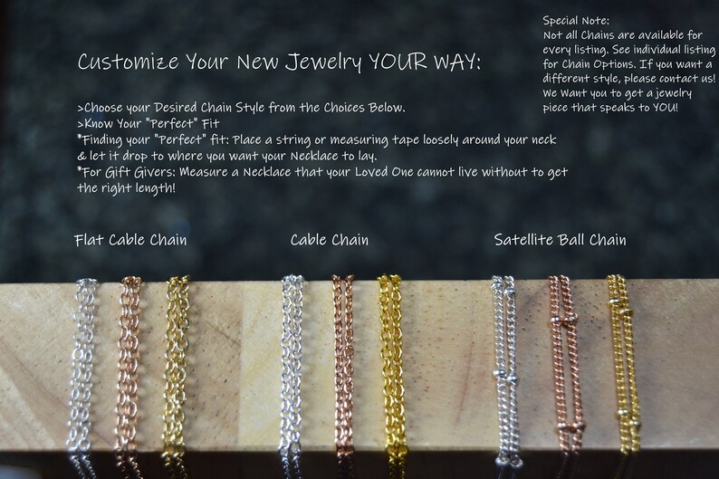 May include: Image showcasing various necklace chain styles: flat cable, cable, and satellite ball chains. The chains are displayed in silver, rose gold, and gold tones. Text provides instructions on how to customize jewelry and find the perfect fit.