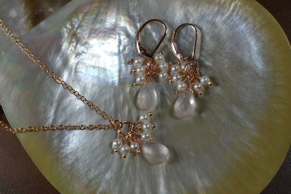 Rose Quartz Earrings and Necklace Set for Bridal Party // Sterling Silver, 14k Gold, 14k Rose Gold // Bridal Jewelry // Wedding Favor, Gifts