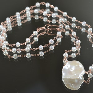 Delicate White Pearl Rosary Necklace in 14k Gold, Sterling Silver // Natural, Freshwater Round Pearls // June Birthstone // Wedding Pearls