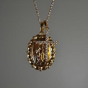 Gold Miraculous Medal & Cubic Zirconia Cross Necklace // Mother Mary, Virgin Mary // Faith, Religious Necklace // Gold Fill // Christian
