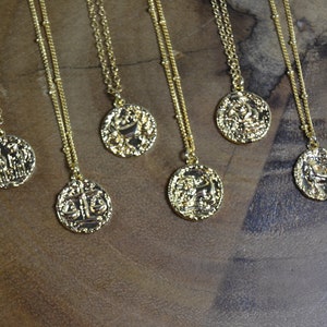 Gold Zodiac Charm Necklace // Rustic Gold Coin Necklace // 14/20 (14k) Gold Fill // Layering Necklace // Horoscope Jewelry for Her // Boho