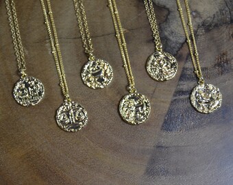 Gold Zodiac Charm Necklace // Rustic Gold Coin Necklace // 14/20 (14k) Gold Fill // Layering Necklace // Horoscope Jewelry for Her // Boho