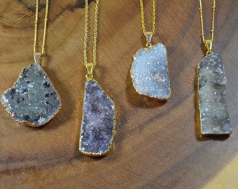 Large Druzy Statement Necklace~Gold Fill~Boho Jewelry~Natural Healing Gemstones~Gift for her~Natural Color Druzy Crystal~