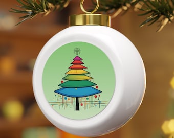 Adorno navideño arcoíris: bola de cerámica moderna de mediados de siglo