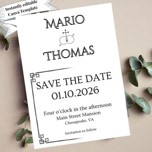 Puede incluir: Una invitación de boda blanca con texto negro. Los nombres "MARIO" y "THOMAS" se muestran encima de "SAVE THE DATE 01.10.2026". La invitación incluye la hora, el lugar y una nota "Invitación a seguir". Una pancarta dice "Plantilla de Canva editable instantáneamente".