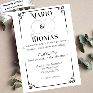 Editable Gay Wedding Invitation Template l Digital Download l Masculine LGBTQ+ Gay Male Ceremony Invite l Printable Canva l Gay Christian