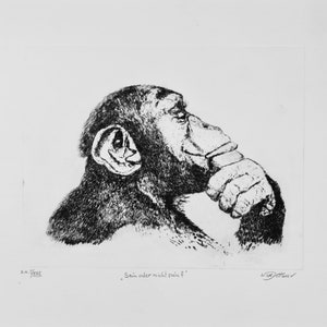 Etching &quot;To be or not to be&quot; drypoint etching humor animal picture gift