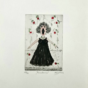 Etching &quot;Primadonna&quot;, opera, singing, music, classical, printmaking, humor cartoon, etching, gift